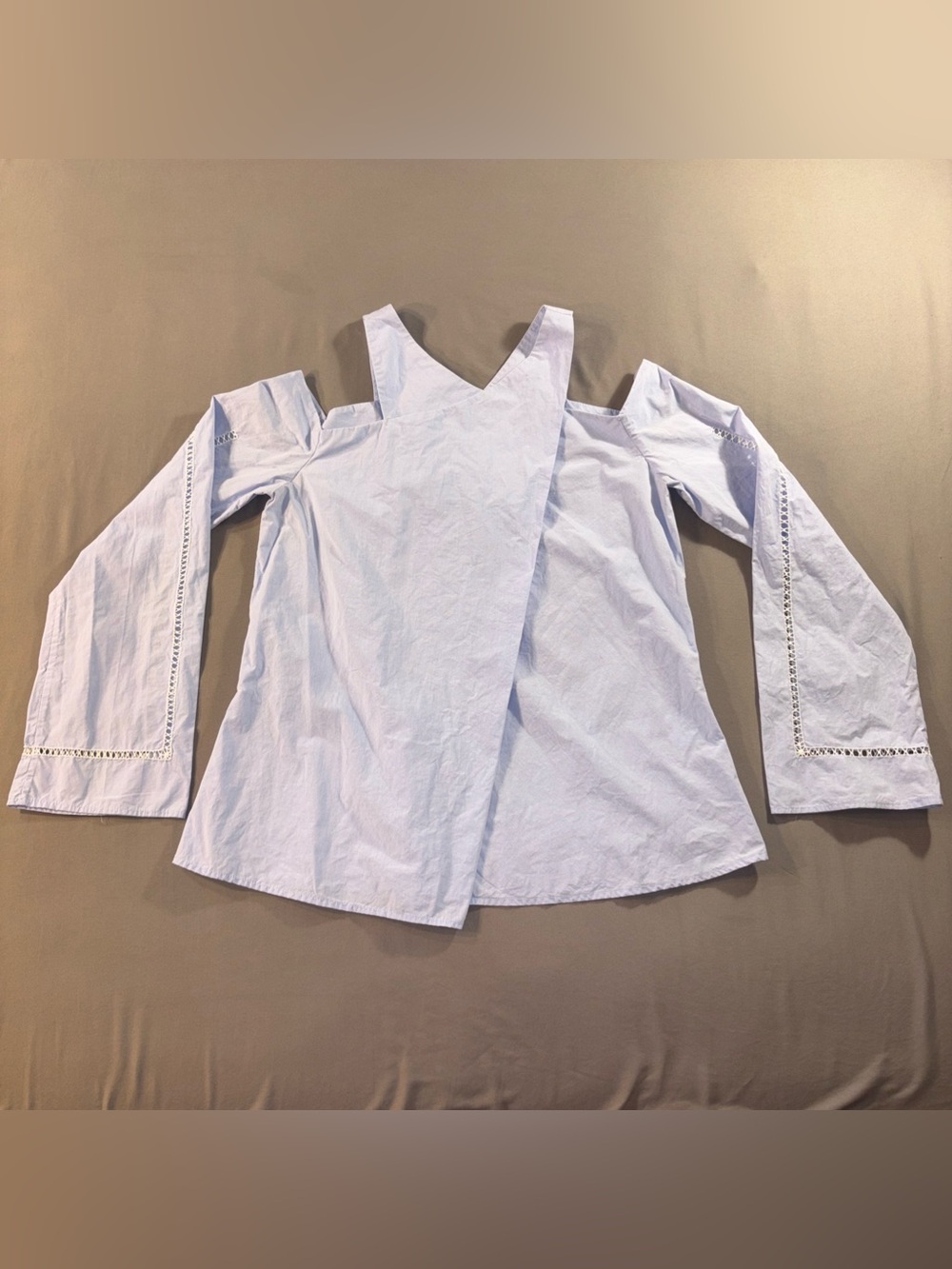 Zeus + Dione Blue Blouse, EU 36 US 6 Crossover Front Flare Sleeve Cold Shoulder
